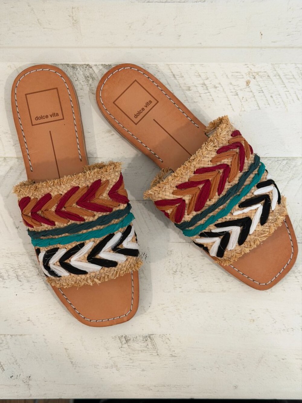 Dolce Vita Boho Raffia Slide Sandals Size 7. Woven Embroidered. Worn Once - Picture 2 of 11